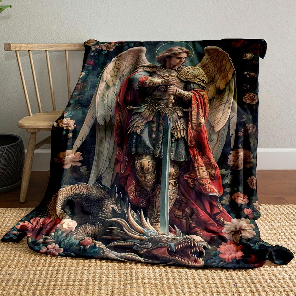 Archangel Michael Dragon Floral Blanket Bedroom Blanket for Livingroom Couch Lunch Break Soft Throw for Friend's Festival Gift