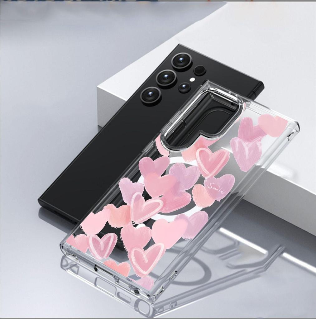 Pink Heart Magnetic Transparent Case for iPhone 15/16/17 Pro Max - Full Coverage Protection