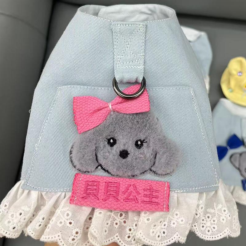 

Personalized Dog Harness Set,Cute Jeans Harness with Name Custom Embroideried Tag,Lace Bowtie Lead Set for Small Breeds 1