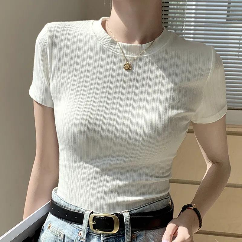 Womens Ribbed Knit Mock Neck Short Sleeve Slim Fit T Shirt S