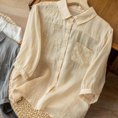 3/4 Mangas Ramie Camisa Feminina Arte Retro Solta Casual Slim Blusa Primavera/Verão Algodão Linho Camisas Senhora Top
