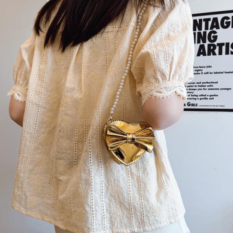 Heart Mini Shaped Bow Pearl Chain Bag With Zipper Closure For Daily Use Casual
