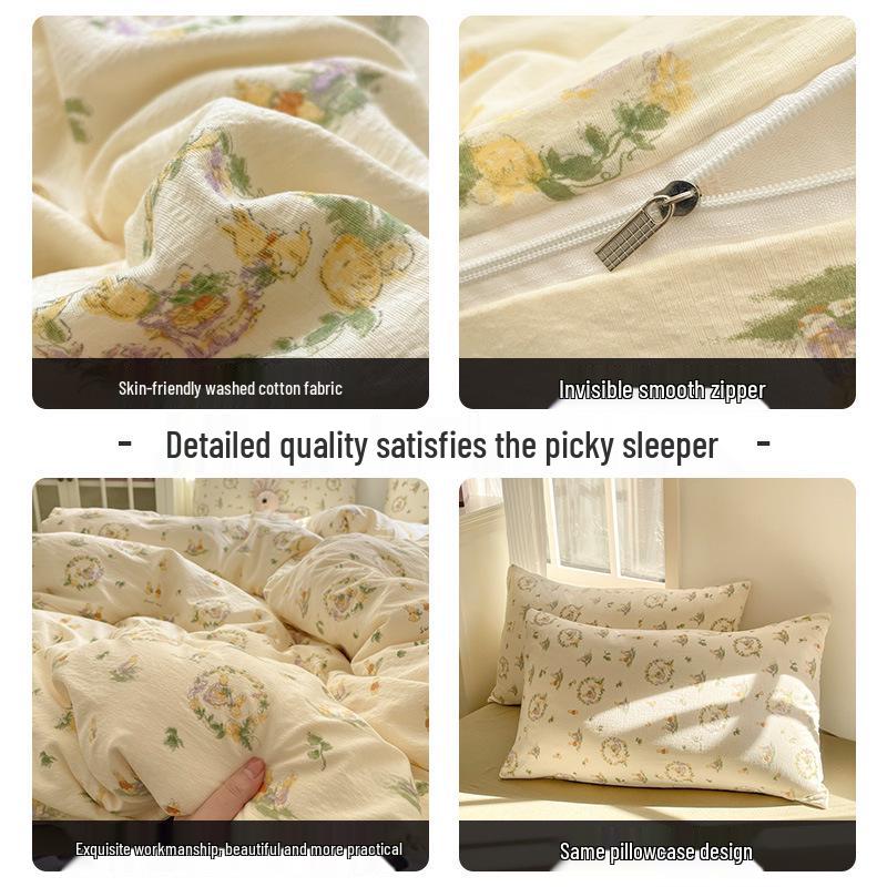 G5Z25 Jacquard Four-Piece Nude-Sleep Bedding Set with Cloud-Feel Double-Layer Gauze for Girls, Includes Duvet Cover and Fitted Sheet