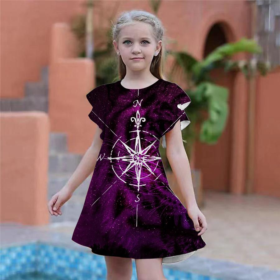 Robes Bleues à Imprimé Pentagramme pour Filles Robe de Fête pour Enfants Fille Coupe Ample Coupe Ample Manches Courtes Jupe pour Filles de Plus de Quatre Ans