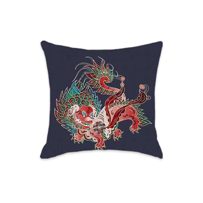 New Chinese Style Mythical Beast Lion Pillowcase - Festive Cartoon Home Decor Cushion for Sofa and Bed.