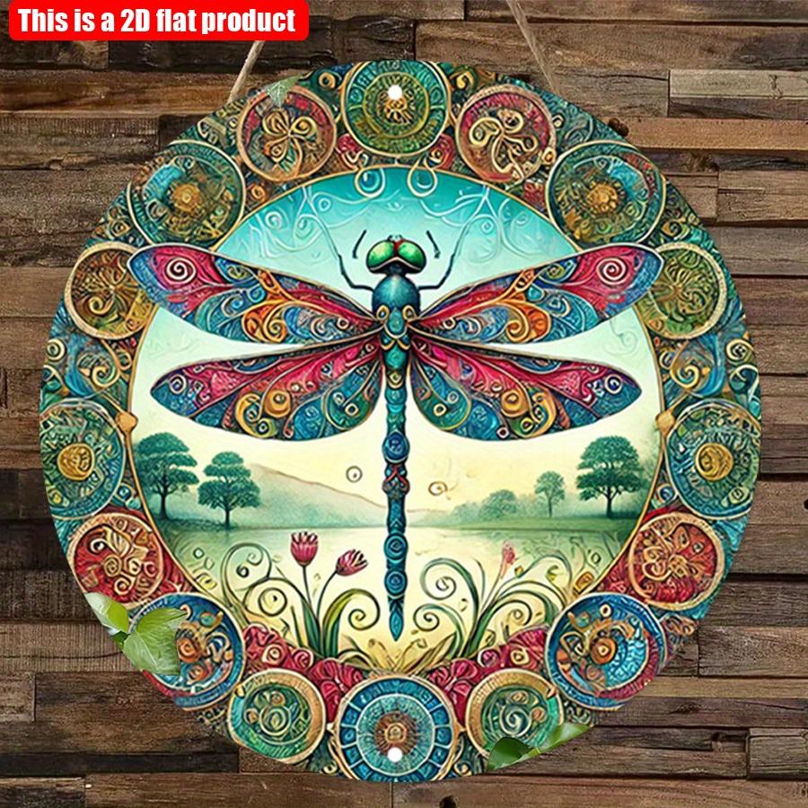 2D Flat 20*20cm1pc Bright-coloured Dragonfly Round Wall Pendant, Country Pond Style Vintage Floral Insect Patterns Decor, Suitable For Bathroom, Cafes