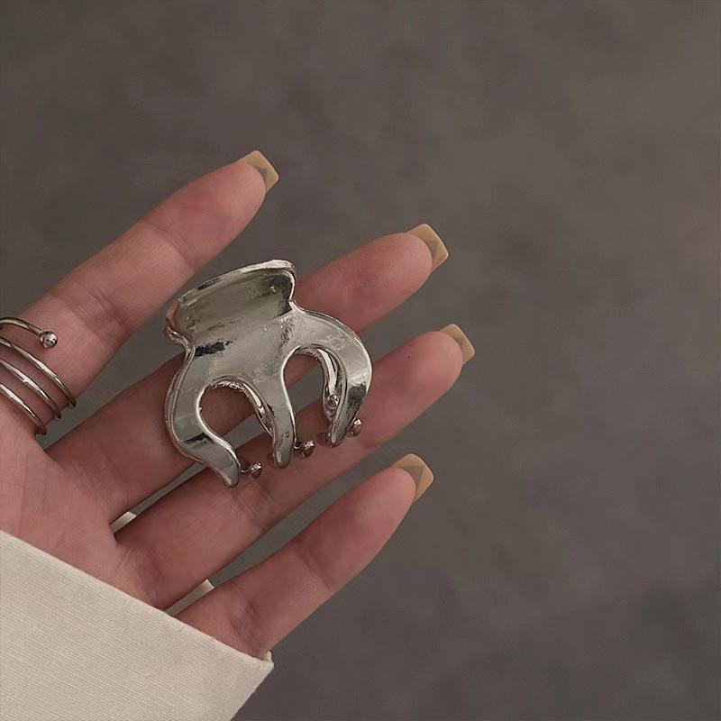 Silver Textured Metal Shark Hair Claw - Women's Stylish Updo Clip Accessory