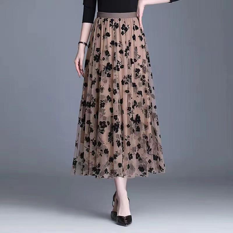 Women's High-Waisted Double-Sided Flocked Mesh Pleated A-Line Midi Skirt - New Slimming Spring Style
