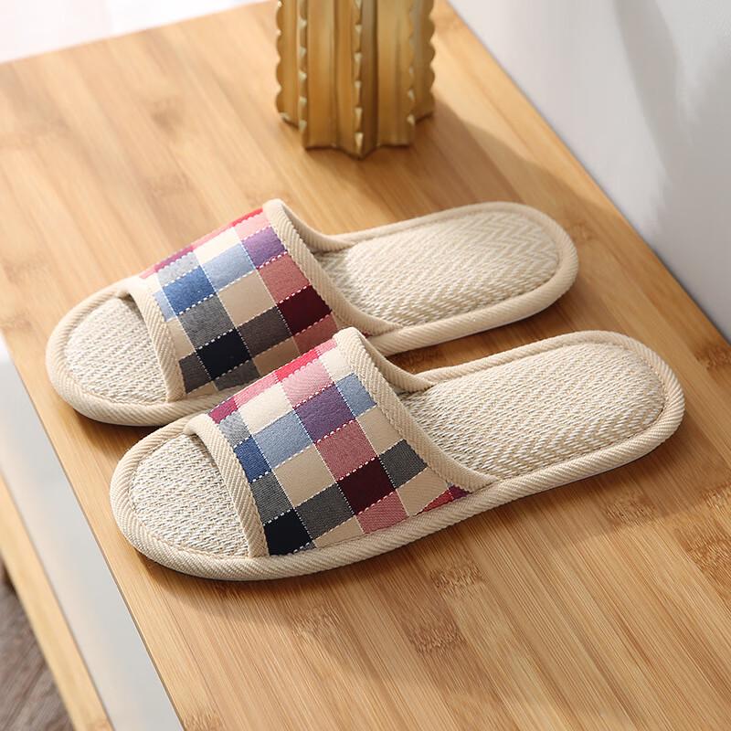 Kenuo Cloud-Comfort Plaid Cotton Linen Indoor Slippers