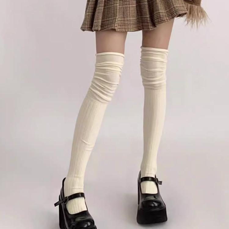 Damen Overknee Patchwork Lange Socken, Slouch-Stil, Frühling/Herbst, Milchweiß, Hoher Schaft für Stiefel mit Knieschonern