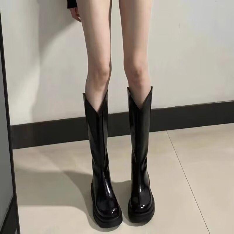 Skinny and long legs~~ V-mouth thin long boots thick-soled high boots small boots British knight boots