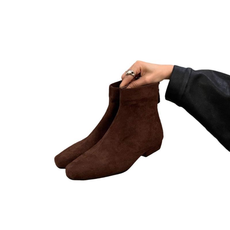 Sheepskin Version~ Thick Heel Thin Boots Women's Shoes New Velvet Bare Boots Retro Suede Small Short Boots