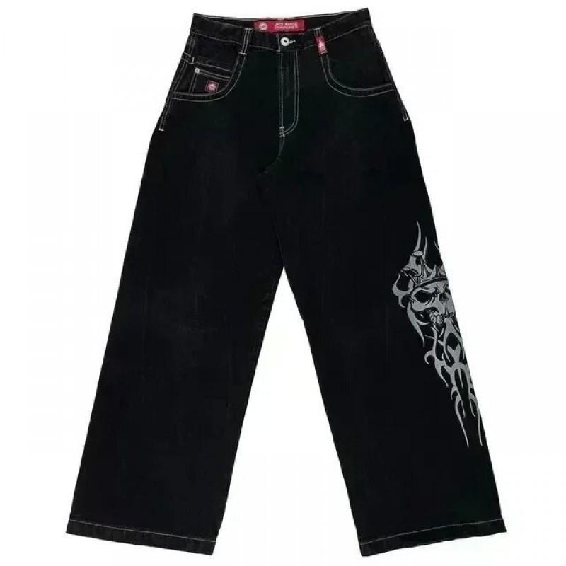 Mens Y2K Streetwear Denim Pants High Waist Loose Fit Straight Leg Jeans With Embroidery