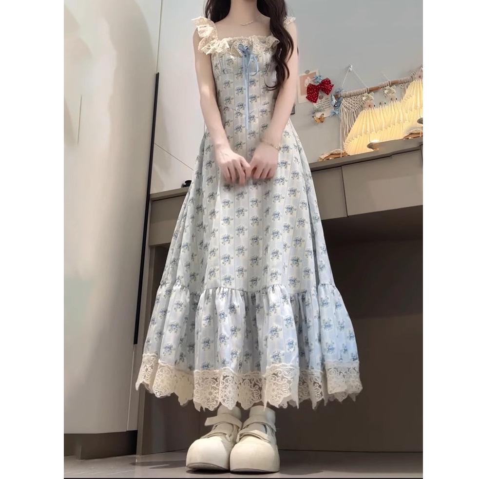 2026 Summer Korean Gentle Lace Patchwork College-Style Waist-Cinched Floral Dress with Doll Collar