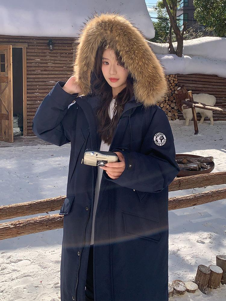 Winter long knee cotton-padded clothes hooded big fur collar thickened fashion versatile cotton-padded jacket