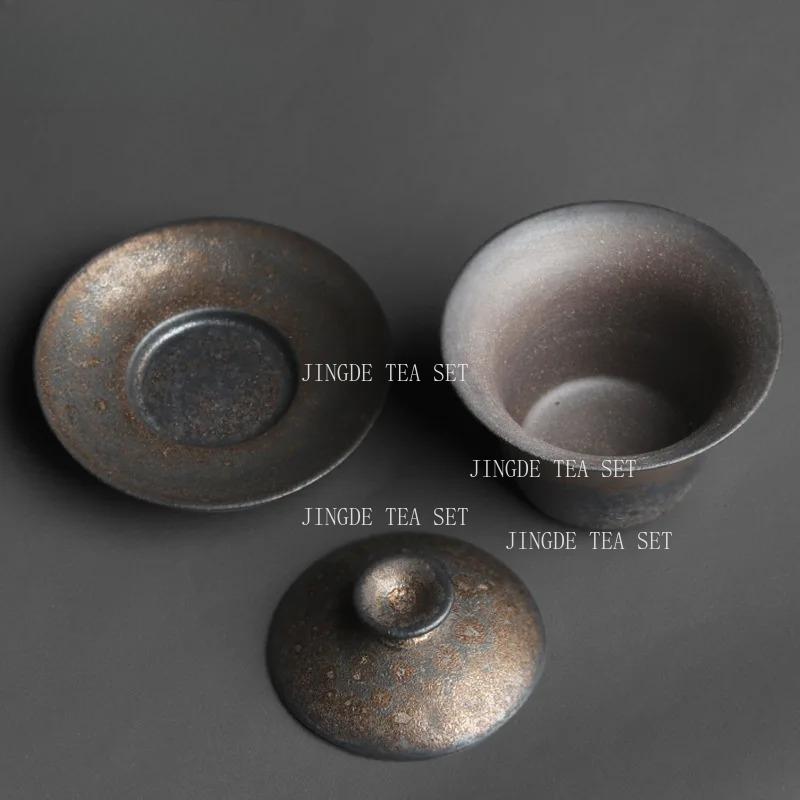 1pcs Coarse Pottery Covered Bowl Chinese Tea Set High-end Retro Gilded Rust Glazed Tea Cup Gaiwan