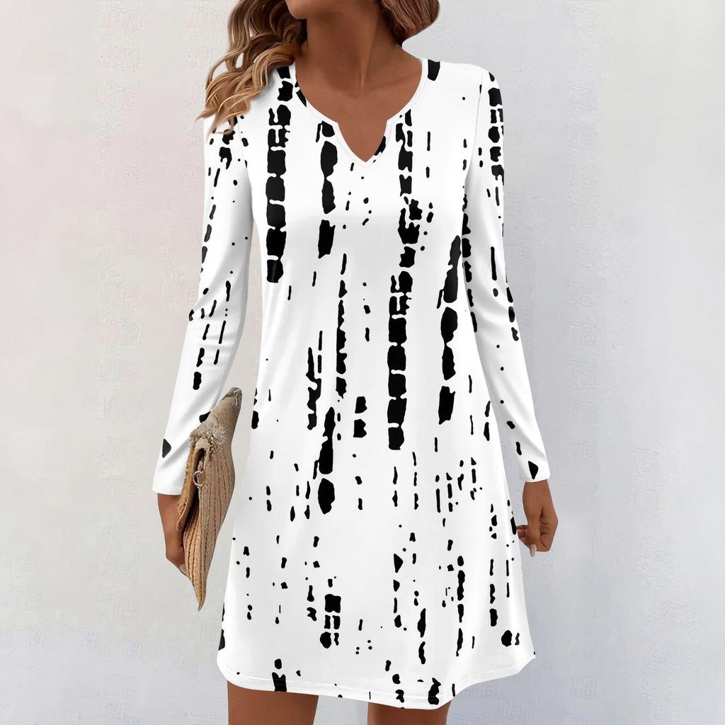 Women's Long-sleeved Casual Midi Dresses V-Neck Print  Casual Dress