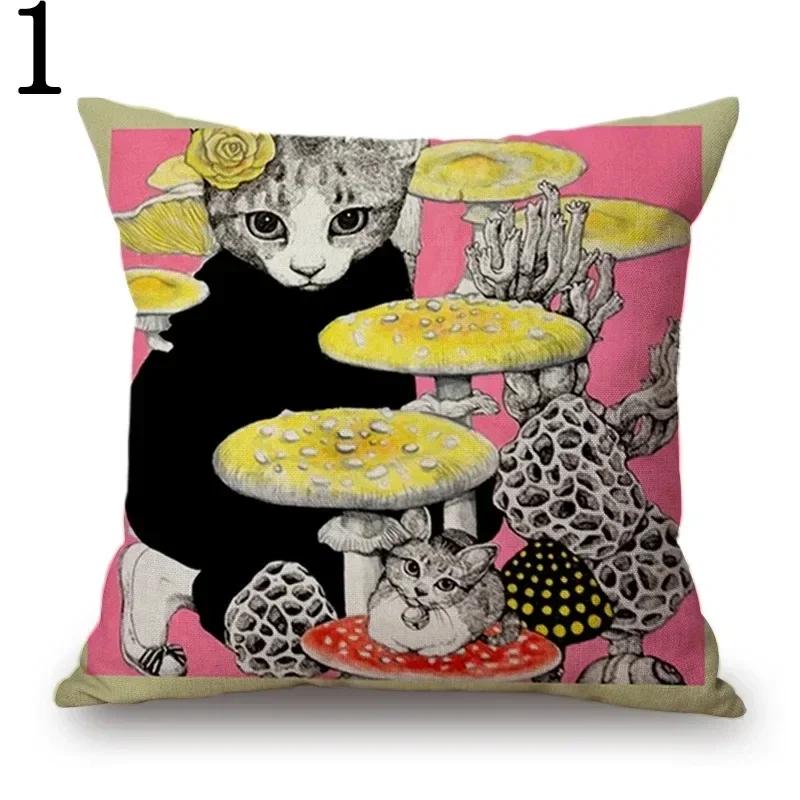 Yuko Higuchi Cat Design Cushion Cover Cute Pet Hand-painted Sofa Pillowcase Square Chair Back Cushion Cloth for Home Decoration, 30x30cm