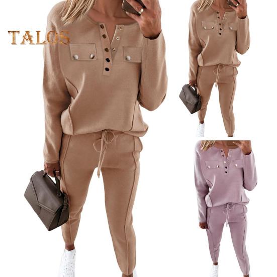 2 Teile/satz Damen Top Hosen Anzug Rundhals Langarm Einfarbig Bluse Elastische Taille Slim Fit Hose Alltagskleidung Sport Outfit Herbst Frühling
