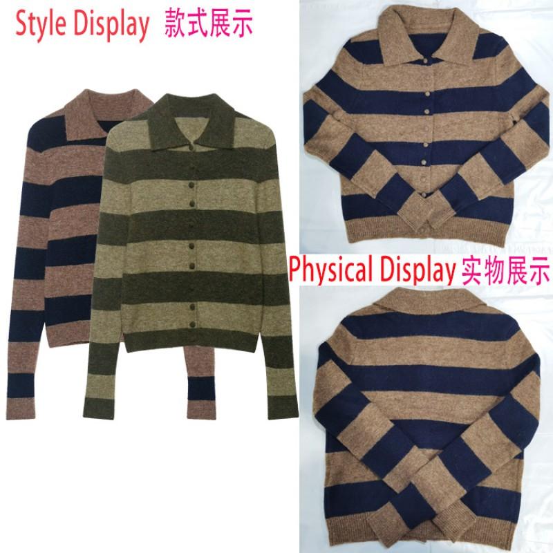 Womens Striped Knit Cardigan Slim Fit Turn-Down Collar Fashion Versatile Outerwear