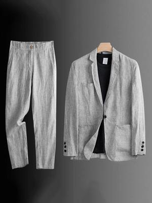 Men's Slim Fit Korean Style Linen Summer Suit - Casual Two-Piece Set with Loose Jacket and Sun Protection