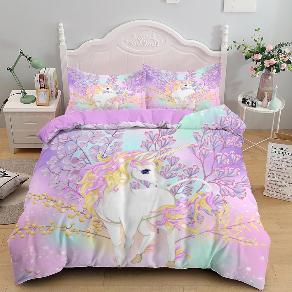 Cute Unicorn Duvet Cover Set Girly Pink Castle Bedding Set Single Twin Size For Princess Girl Dedicated Bedroom Decor Bedclothes