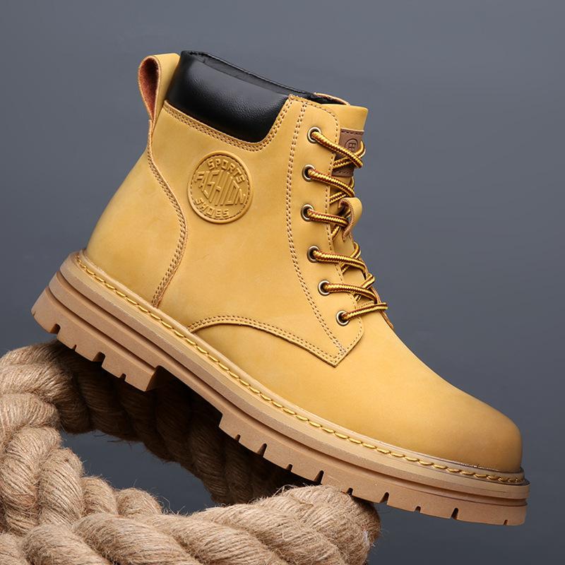 Rhubarb boots leather winter warm high-top locomotive thick-soled Martin boots men's big head tooling boots velvet men's leather boots