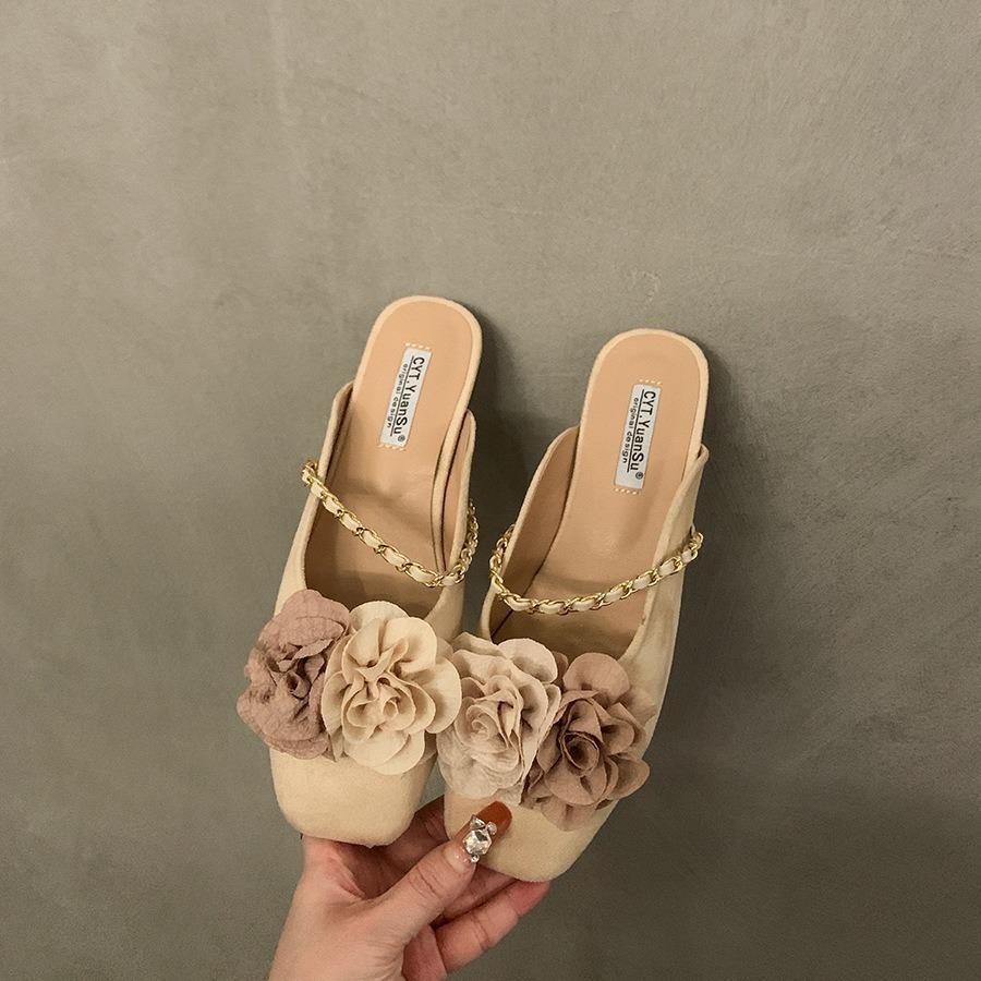 Flat Bottom New Chinese Style Flat Bottom Bag Head Half Support Shoes Women's Shoes Wear 2025 New Internet Celebrity Explosion Temperament Small Sand