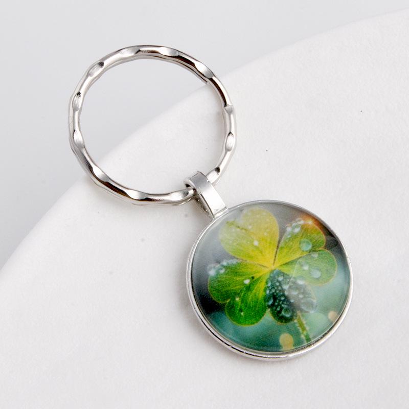 Green Lucky Clover Crystal Glass Keychain with Four-Leaf Clover Charm