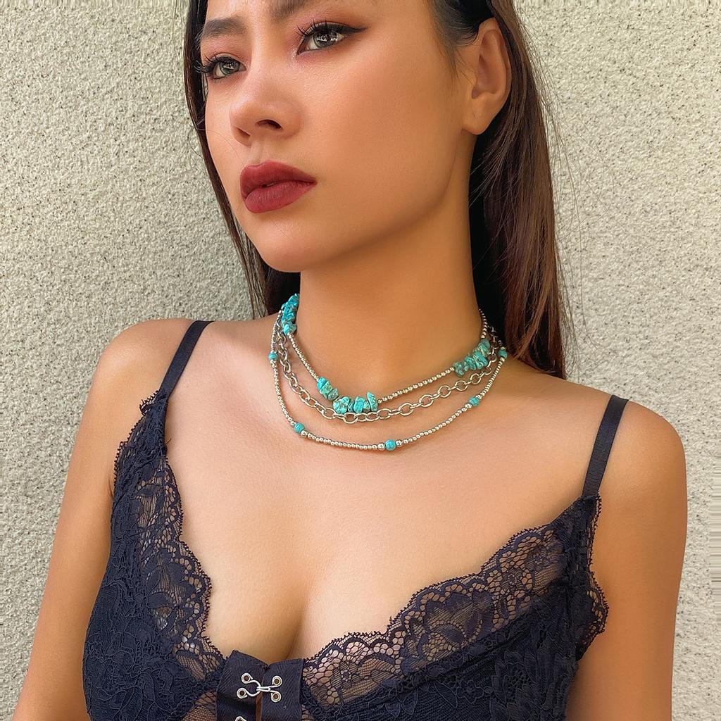 JMXD-3 Piece Set Bohemian Retro Irregular Turquoise Bead Ethnic Necklace Retro Patterned Turquoise Set Necklace