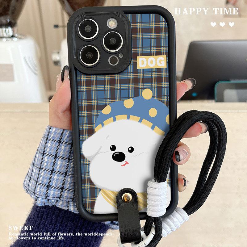 New Checked Puppy Soft Shell Suitable for Apple 16promax Mobile Phone Case Lanyard Iphone15 14 Protection Case