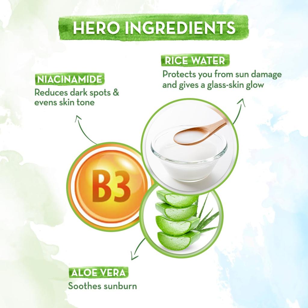 Mamaearth Rice Water Dewy Sunscreen SPF 50 PA++++ For Glass Skin Glow & Tan Protection | No White Cast | 50g | For All Skin Types