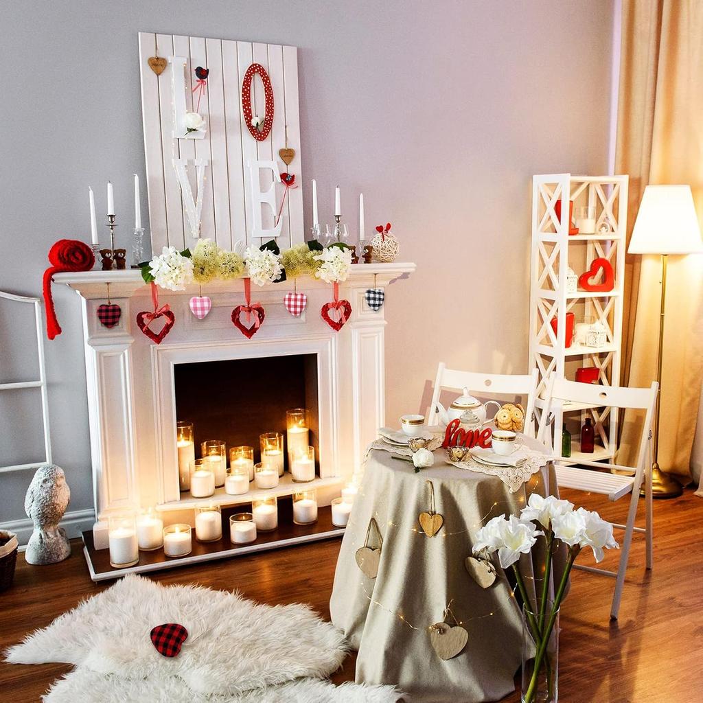 Whaline 24Pcs Valentine's Day Heart Ornaments Buffalo Check Heart Ornament 4 Designs Black Red White Pink Plaid Hanging Decorations for Wedding