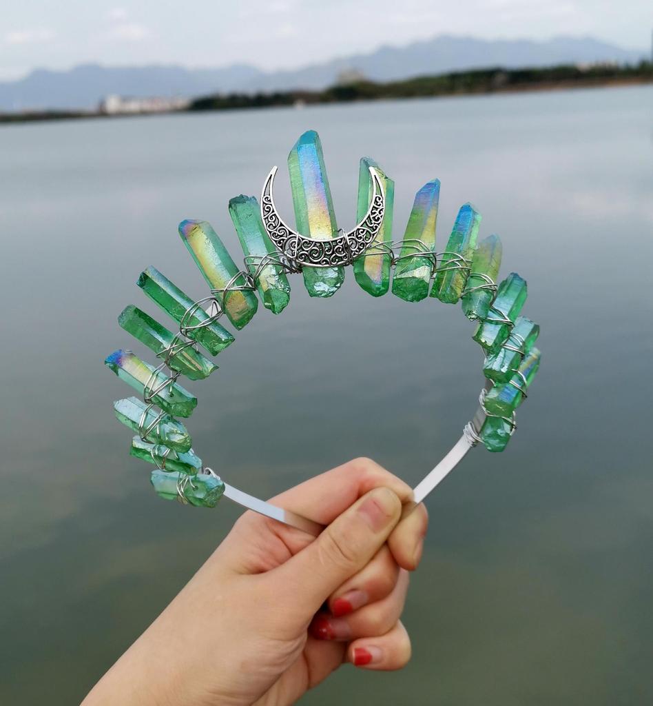 Natural Crystal Electroplating Frosted Crystal Witch Halloween Moon Crown Headband KTY
