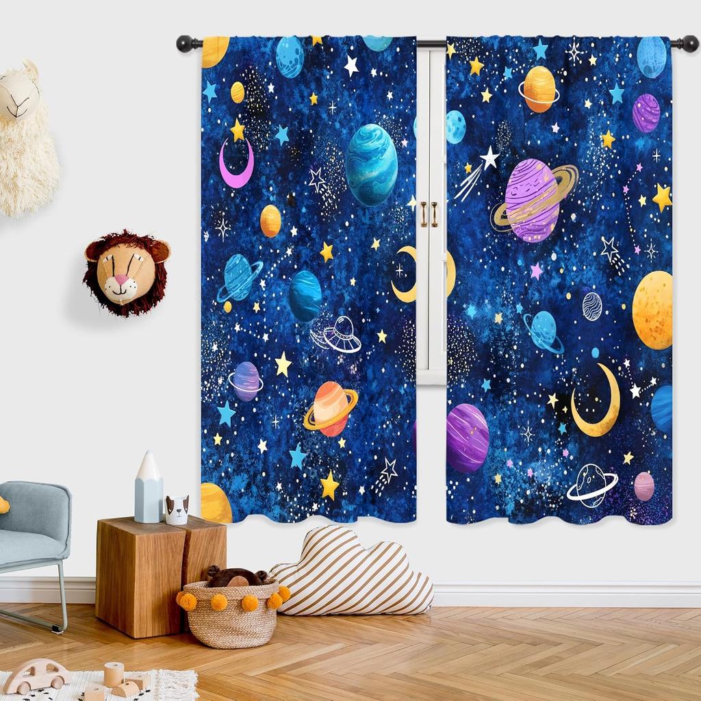 Galaxy Sky Star Curtains Blue Starry Shining Night Outer Space Cosmic Celestial Universe Planets Rod Pocket Boys Fantasy Bedroom