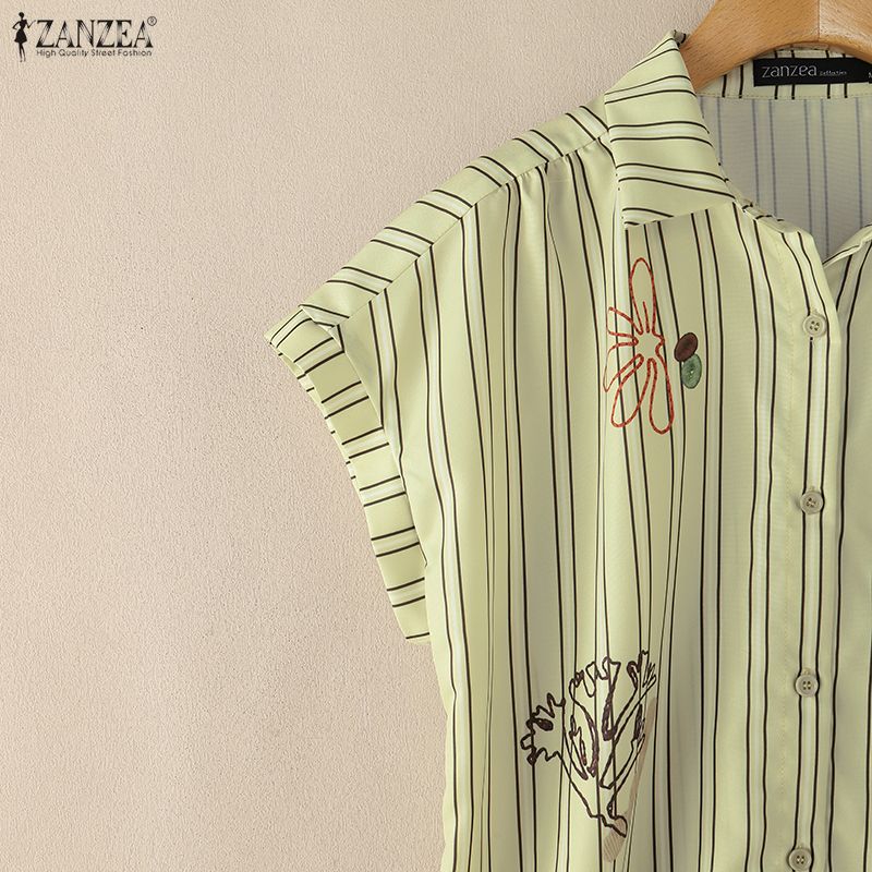 ZANZEA Women Casual Turn Down Collar Loose Short Sleeve Stripe Blouse