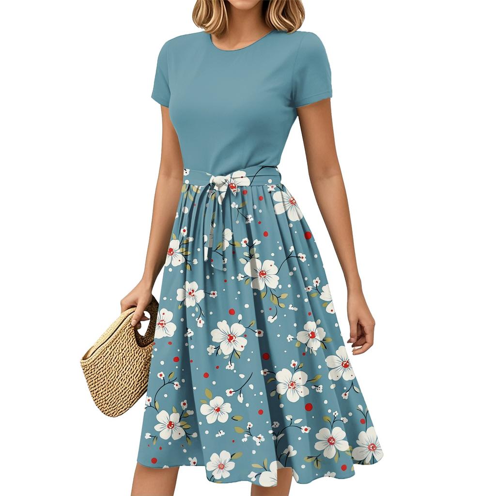 Dámská móda Ležérní pásek Krátký rukáv Kulatý výstřih Geometrický potisk Prošívaný Elegantní temperament Šaty