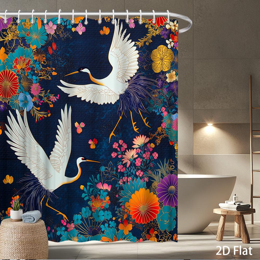 

Cranes & Floral Shower Curtain – Elegant White Herons In Bloom On Deep Navy, Waterproof Polyester, Asian-Inspired Bathroom Decor W60H190(CM)-1 Pcs