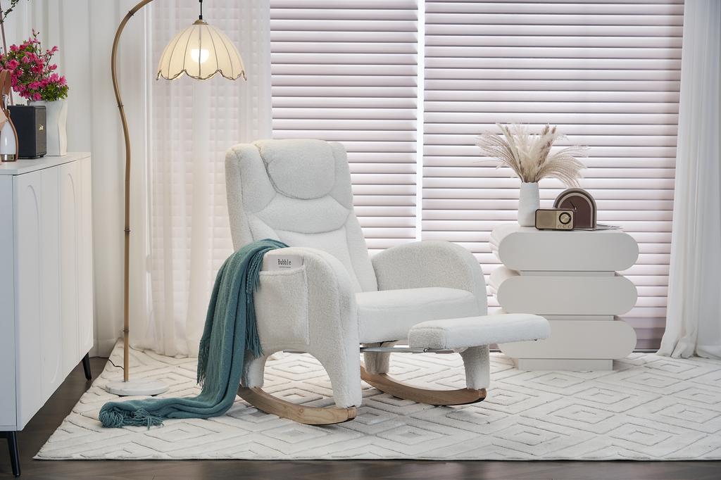 052 Rocking Chair, Recliner, Living Room Chair with Armrest, Upholstered, Accent Chair for Bedroom, White Teddy Fabric, 110 Kg Load Capacity