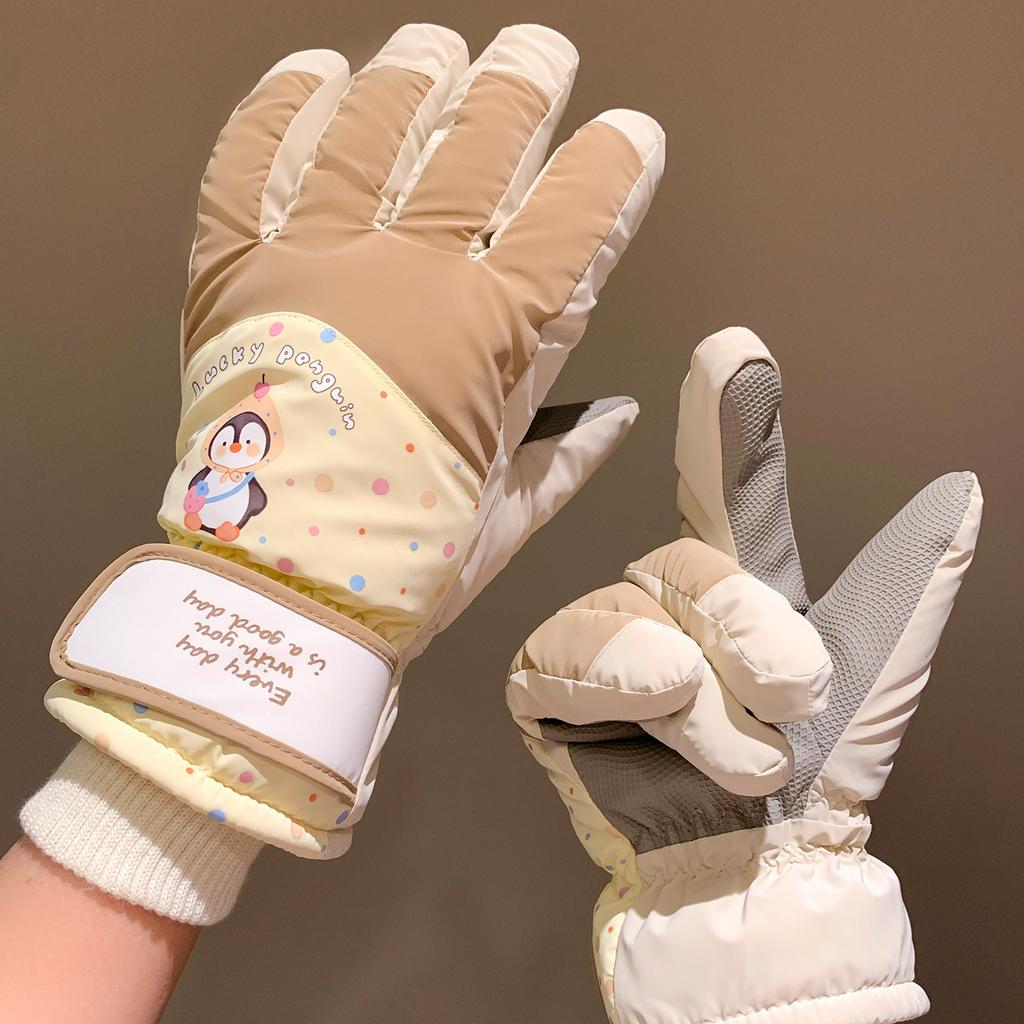 Cute Little Penguin Ski Gloves Girls Fleece Thickened Warm Cold Windproof Waterproof Battery Car
