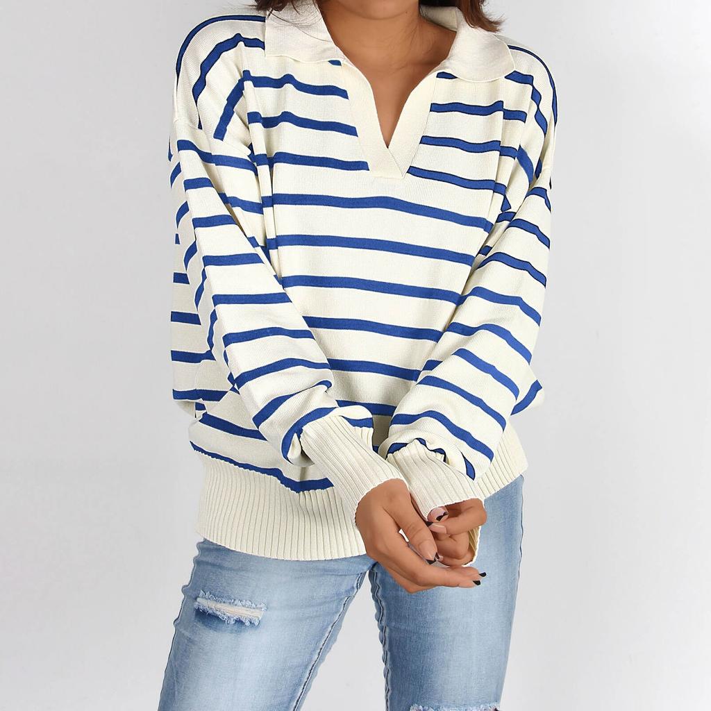 Women's Knit Long Sleeve Rib Lapel Striped Sweater Knitwear Pullover Sweaters