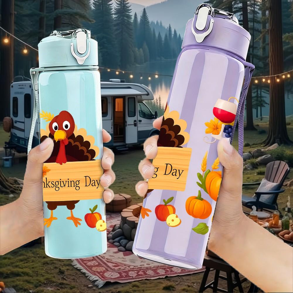 1PC Thanksgiving Turkey Harvest Pattern 750ml Color Plastic Sports Water Bottle Leakproof Flip Straw Lid Suitable for Sports Office Home Use