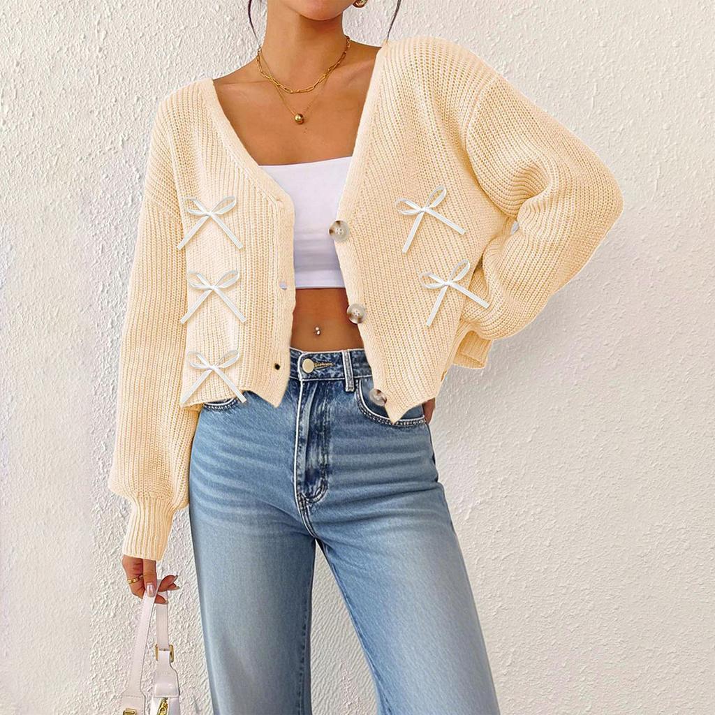 Women's Solid Color Button-Up Cardigan Deep V-Neck Short Loose-Fitting Jacket Casual Top