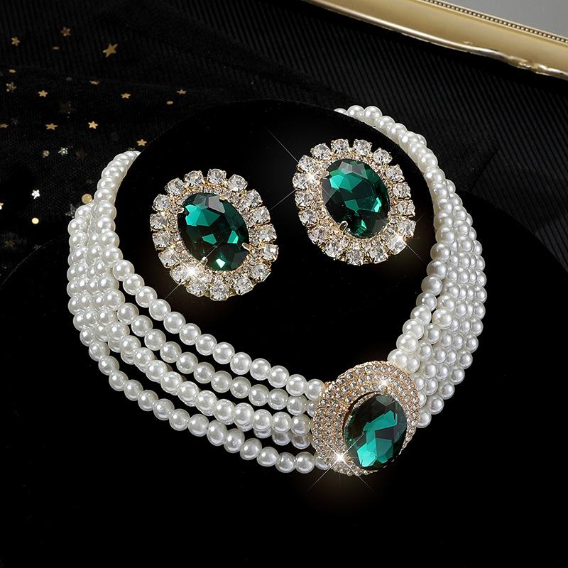 Catena da collo con borchie orecchini a lobo geometrici esagerati con diamanti completi set collana multipla con perle imitation e cristallo grande da sposa donna
