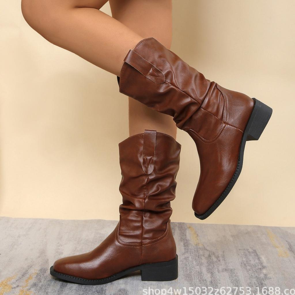 Large size pointed western temperament 22 autumn and winter boots thick heel sleeve beautiful pile fashion boots