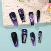 24Pcs Purple Flower Print Almond Coffin Press On Nails Wearable Fake Nail Tips For Women DIY Manicure