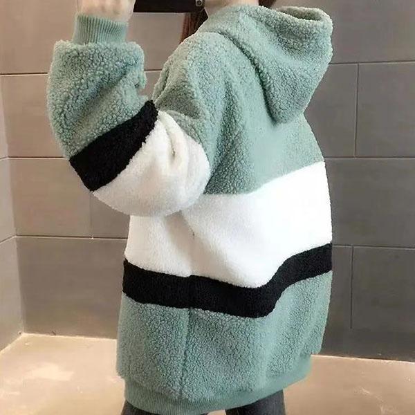 Women's Autumn and Winter Plush Thickened Lamb Wool Sweater Female Color Matching Mid-length Large Size Hooded Coat