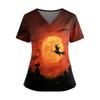 Halloween Print V Neck Short Sleeve Nurse Top with Double Pockets and Side Slits Suitable for Healthcare Workers and Caregivers