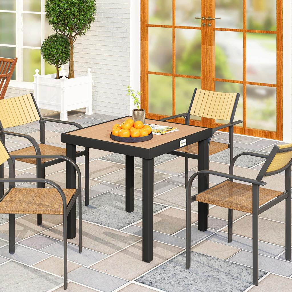 78 Cm Garden Dining Table for 4 People, Square Outdoor Coffee End Side Table with Aluminium Legs, Natural Wood Finish