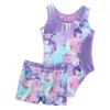 Girls Printed Gymnastics Dance Outfit Sleeveless Patchwork Leotard Jumpsuit Elastic Waist Shorts Suit Performance Practice
